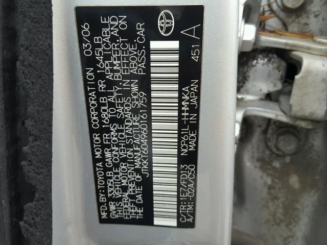 JTKKT604960161759 - 2006 TOYOTA SCION XA SILVER photo 10