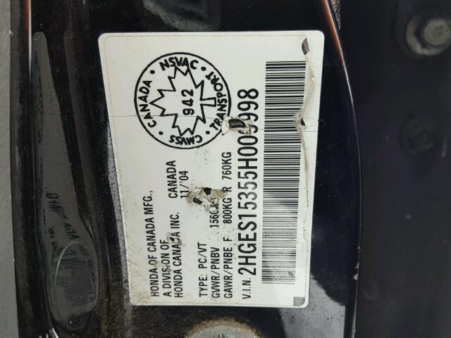 2HGES15355H009998 - 2005 HONDA CIVIC DX V BLACK photo 10