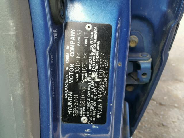 KMHCG45C82U292717 - 2002 HYUNDAI ACCENT GL BLUE photo 10