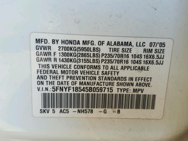 5FNYF18545B059715 - 2005 HONDA PILOT EXL WHITE photo 10