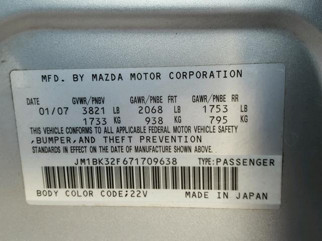 JM1BK32F671709638 - 2007 MAZDA 3 I SILVER photo 10