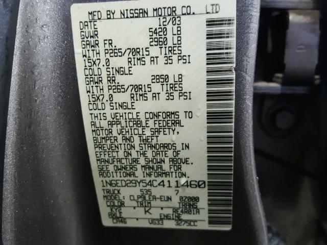 1N6ED29Y54C411460 - 2004 NISSAN FRONTIER C GRAY photo 10