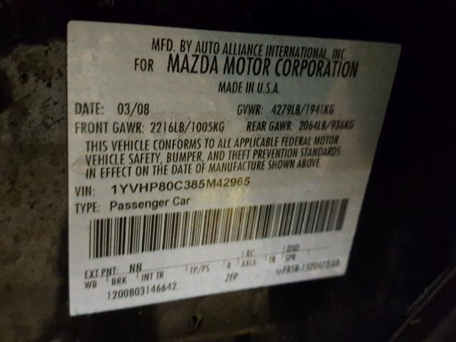 1YVHP80C385M42965 - 2008 MAZDA 6 I BLACK photo 10