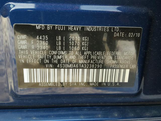 4S3BMBA61A3238290 - 2010 SUBARU LEGACY 2.5 BLUE photo 10