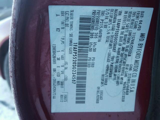 1FAFP55203G234587 - 2003 FORD TAURUS SES RED photo 10