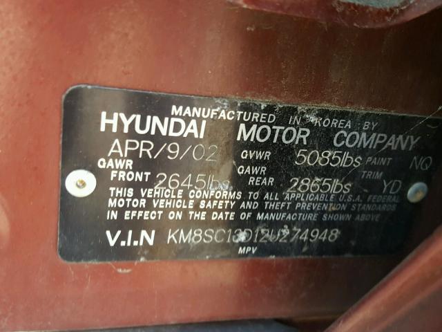 KM8SC13D12U274948 - 2002 HYUNDAI SANTA FE G MAROON photo 10