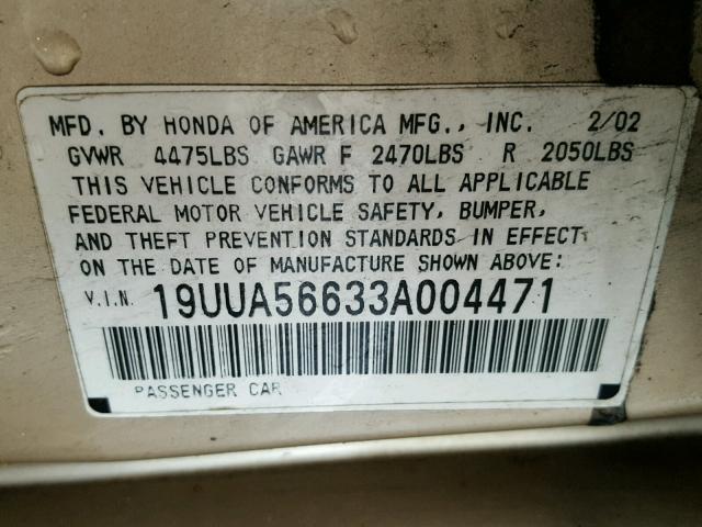 19UUA56633A004471 - 2003 ACURA 3.2TL BEIGE photo 10