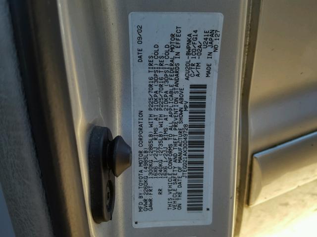 JTEGD21AX30049728 - 2003 TOYOTA HIGHLANDER SILVER photo 10