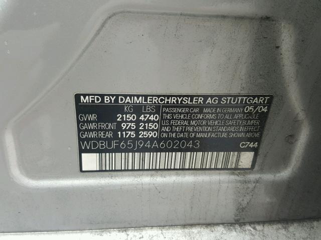 WDBUF65J94A602043 - 2004 MERCEDES-BENZ E 320 SILVER photo 10