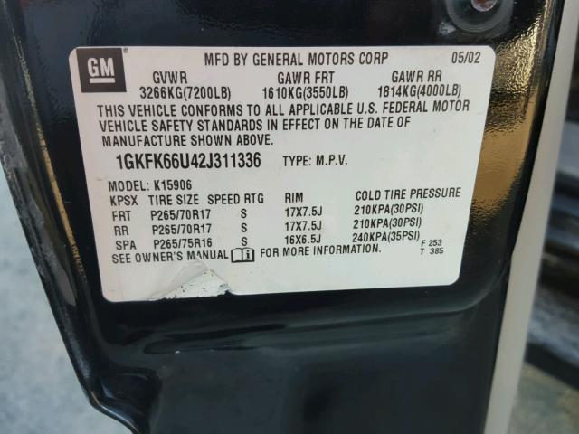 1GKFK66U42J311336 - 2002 GMC DENALI XL BLACK photo 10