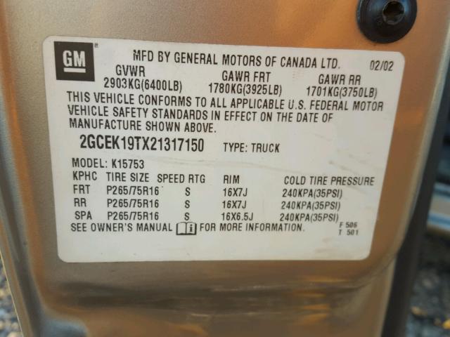 2GCEK19TX21317150 - 2002 CHEVROLET SILVERADO GOLD photo 10