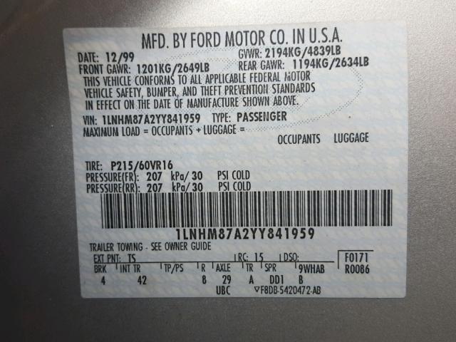 1LNHM87A2YY841959 - 2000 LINCOLN LS 银色 照片 10