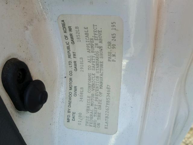 KLATB2267YB534687 - 2000 DAEWOO LANOS SE WHITE photo 10