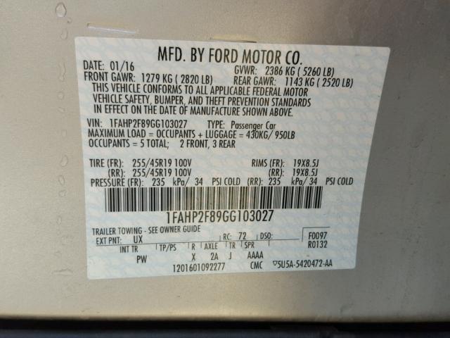 1FAHP2F89GG103027 - 2016 FORD TAURUS LIM SILVER photo 10