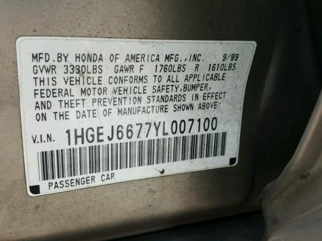 1HGEJ6677YL007100 - 2000 HONDA CIVIC LX TAN photo 10