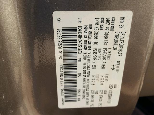 1D4HD48N24F221653 - 2004 DODGE DURANGO SL BROWN photo 10