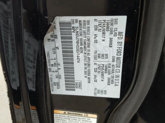 5LMEU78H23ZJ14474 - 2003 LINCOLN AVIATOR 黑色 照片 10