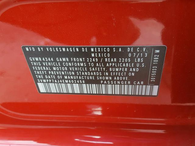 3VWPP7AJ4EM602458 - 2014 VOLKSWAGEN JETTA S 红色 照片 10