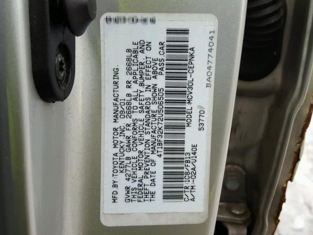 4T1BF32K72U506505 - 2002 TOYOTA CAMRY LE TAN photo 10