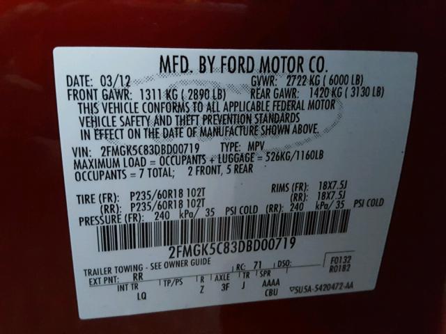 2FMGK5C83DBD00719 - 2013 FORD FLEX SEL أحمر صورة 10