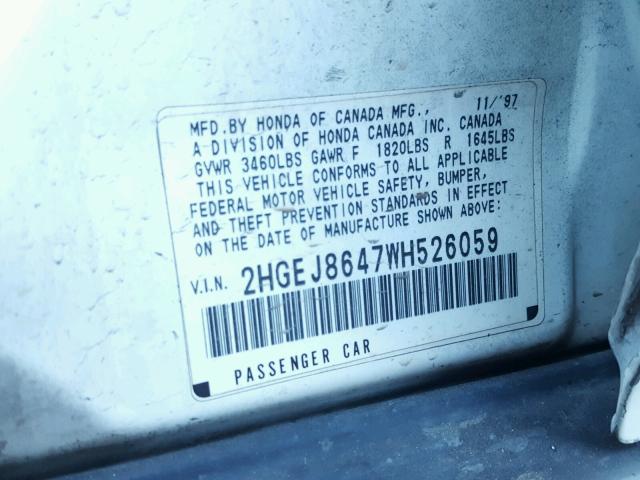2HGEJ8647WH526059 - 1998 HONDA CIVIC EX 白色 照片 10