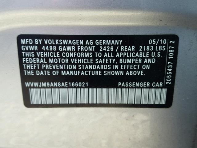 WVWJM9AN8AE166021 - 2010 VOLKSWAGEN PASSAT KOM SILVER photo 10