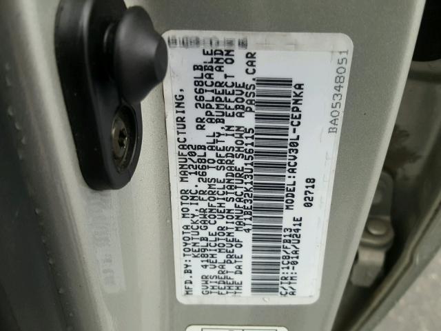 4T1BE32K13U156115 - 2003 TOYOTA CAMRY LE SILVER photo 10