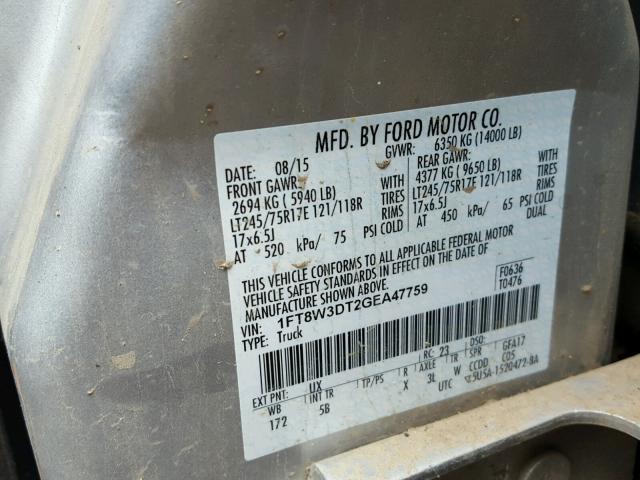 1FT8W3DT2GEA47759 - 2016 FORD F350 SUPER SILVER photo 10