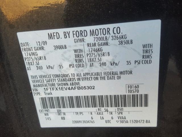 1FTFX1EV4AFB05302 - 2010 FORD F150 SUPER BLACK photo 10