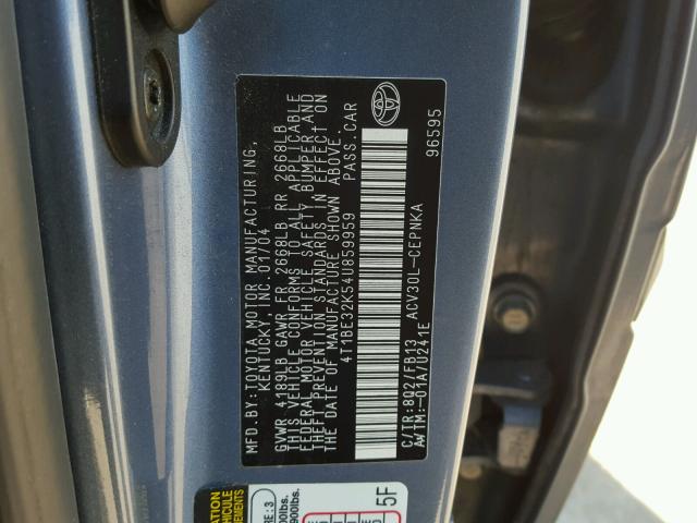 4T1BE32K54U859959 - 2004 TOYOTA CAMRY LE BLUE photo 10