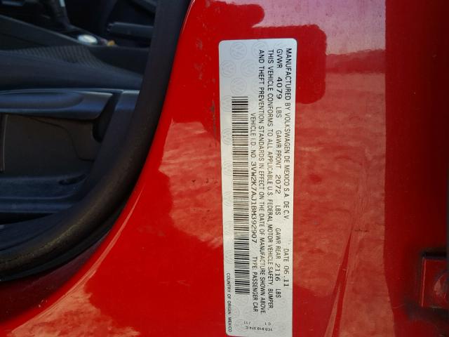 3VW2K7AJ1BM392907 - 2011 VOLKSWAGEN JETTA BASE RED photo 10