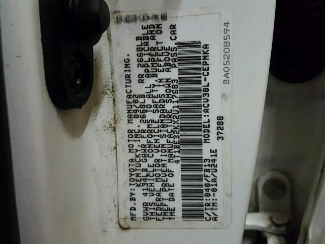 4T1BE32KX2U117683 - 2002 TOYOTA CAMRY LE 白色 照片 10