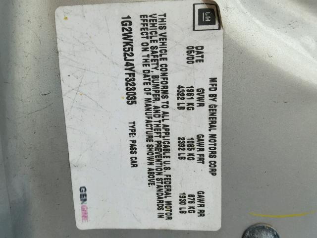 1G2WK52J4YF323035 - 2000 PONTIAC GRAND PRIX ვერცხლისფერი ფოტო 10