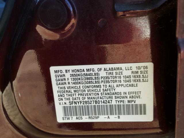 5FNYF28527B014247 - 2007 HONDA PILOT EXL BURGUNDY photo 10