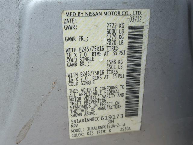 5N1AR1NN8CC619173 - 2012 NISSAN PATHFINDER SILVER photo 10