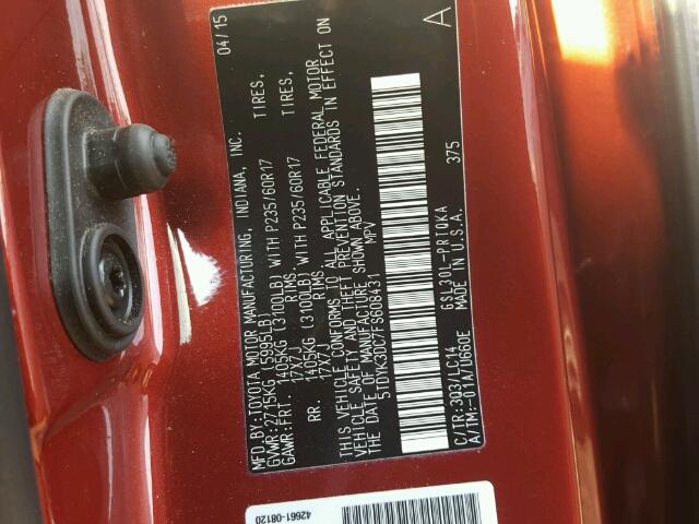 5TDYK3DC7FS608431 - 2015 TOYOTA SIENNA XLE RED photo 10