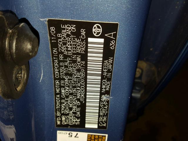 JTDKB20U097859174 - 2009 TOYOTA PRIUS BLUE photo 10