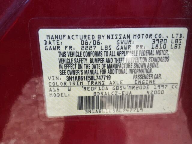 3N1AB61E58L747719 - 2008 NISSAN SENTRA 2.0 RED photo 10