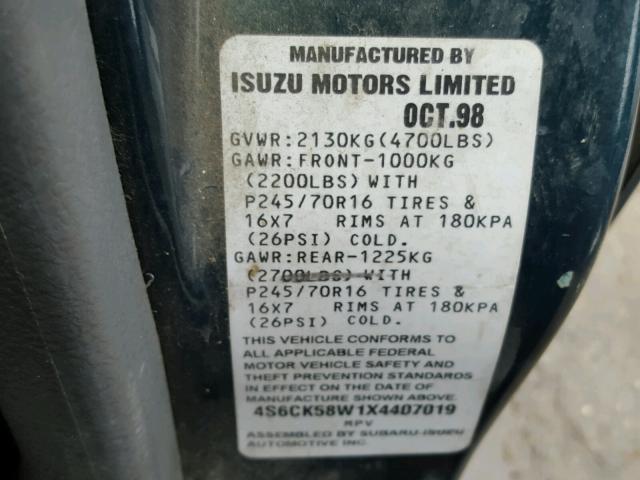4S6CK58W1X4407019 - 1999 HONDA PASSPORT E 绿色 照片 10