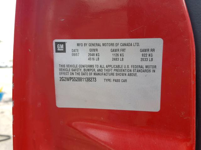 2G2WP552881138273 - 2008 PONTIAC GRAND PRIX წითელი ფოტო 10