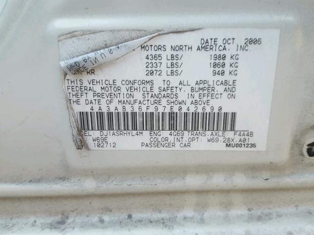 4A3AB36F97E042690 - 2007 MITSUBISHI GALANT ES WHITE photo 10