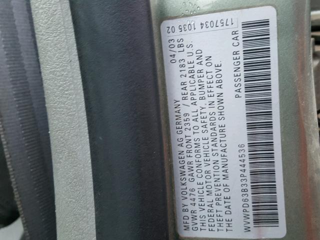 WVWPD63B33P444536 - 2003 VOLKSWAGEN PASSAT GLS GREEN photo 10