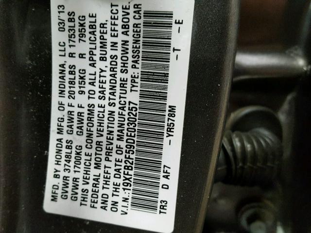 19XFB2F59DE030257 - 2013 HONDA CIVIC LX GRAY photo 10