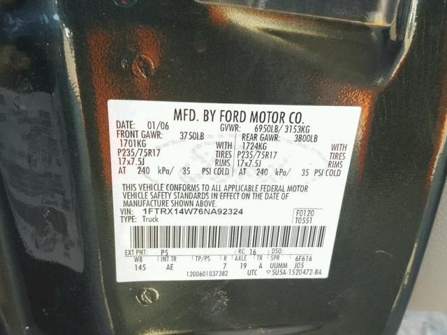 1FTRX14W76NA92324 - 2006 FORD F150 GREEN photo 10