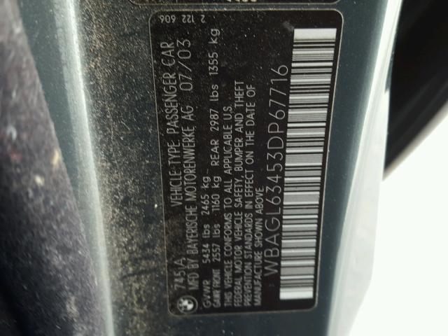 WBAGL63453DP67716 - 2003 BMW 745 I GRAY photo 10