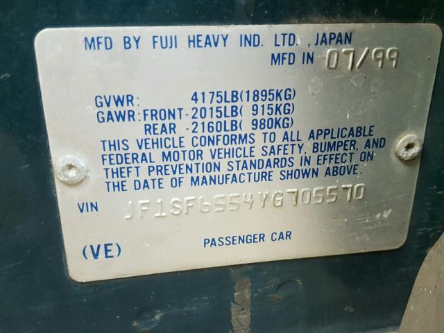 JF1SF6554YG705570 - 2000 SUBARU FORESTER S GREEN photo 10