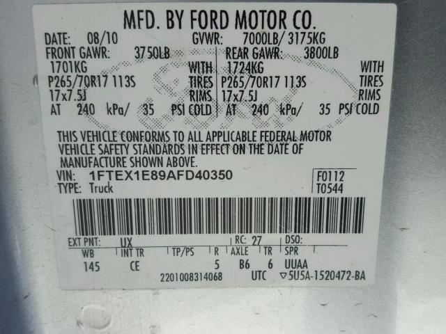 1FTEX1E89AFD40350 - 2010 FORD F150 SUPER GRAY photo 10