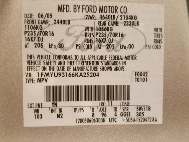 1FMYU93166KA25204 - 2006 FORD ESCAPE XLT SILVER photo 10