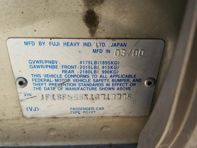 JF1SF655X1G713775 - 2001 SUBARU FORESTER S GREEN photo 10