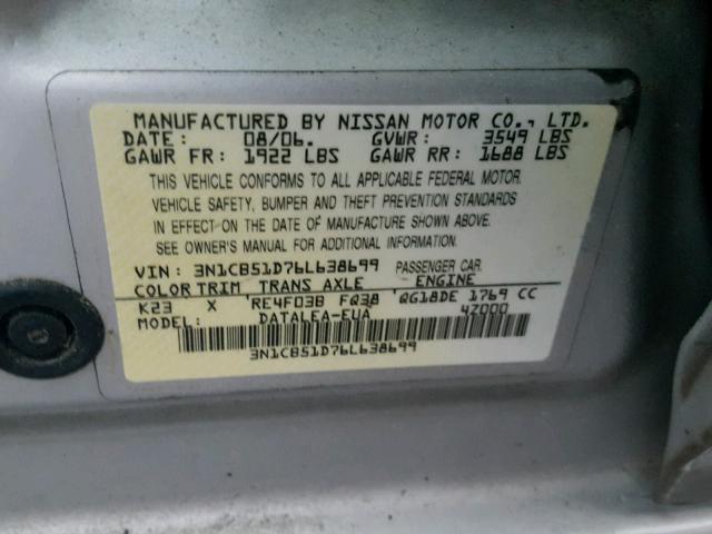 3N1CB51D76L638699 - 2006 NISSAN SENTRA 1.8 SILVER photo 10